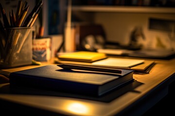 Poster - Close-up of a desk at night with notebooks, pencils, and other stationery items.