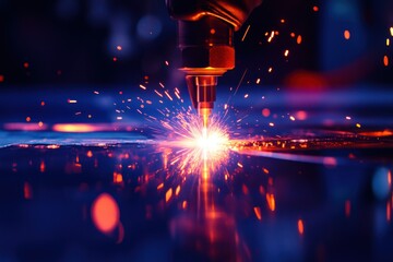 Aufkleber - Close-up of a CNC machine cutting metal with bright sparks.