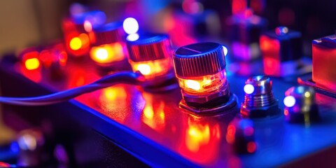 Fototapete - Close-up of illuminated control knobs on a sound mixing device.