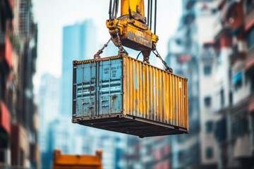 Poster - A crane lifts a weathered shipping container against a city backdrop.