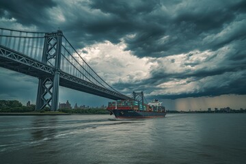 Poster - Cargo ship sailing under a bridge during a stormy weather.