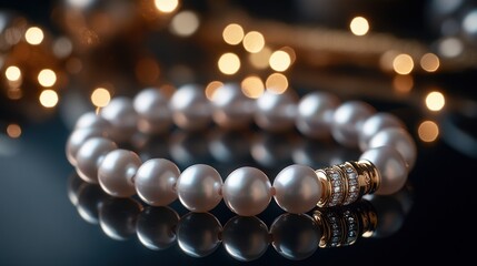 Aufkleber - Elegant pearl bracelet with gold clasp on reflective surface, bokeh lights background.