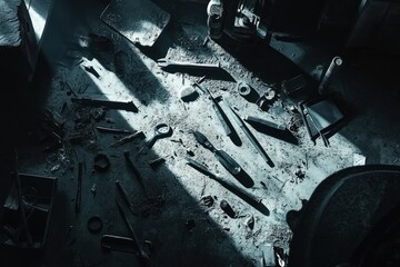 Aufkleber - Scattered tools in a dimly lit workshop, sunbeam illuminating the workspace.