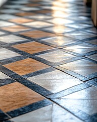 Aufkleber - Gleaming tiled floor with a geometric pattern in beige, brown and black.