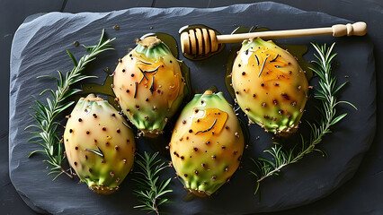 Canvas Print - Gourmet prickly pear cactus fruit with honey and rosemary garnish.  Delicious healthy exotic food concept.