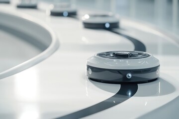 Poster - Autonomous robots following a designated path on a white surface.