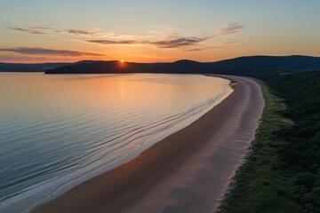 Poster - Sunrise over a serene, secluded bay with a crescent beach and calm ocean waters.