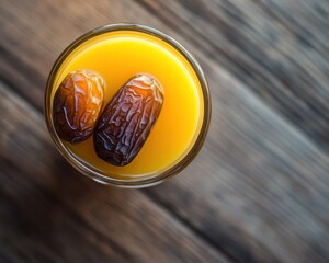 Sticker - Top view of two dates in a glass of orange juice on a wooden surface.