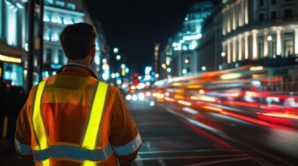 Aufkleber - A worker in a high-visibility vest stands on a city street at night, observing traffic.
