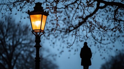 Aufkleber - Illuminated streetlamp at dusk, person silhouetted in background.