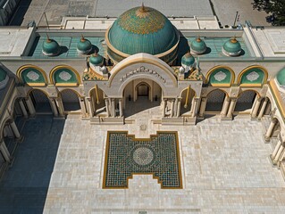 Poster - Aerial view of a grand building with a central courtyard, featuring a turquoise dome and intricate mosaic patterns.
