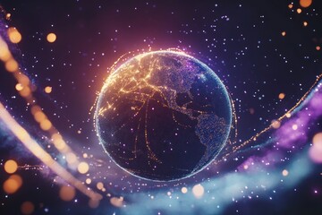 Leinwandbilder - Futuristic glowing Earth surrounded by cosmic particles and energy streams.