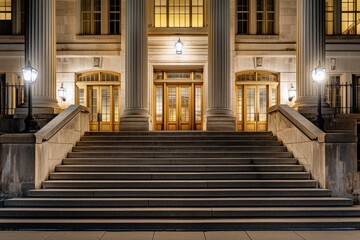 Poster - Illuminated grand entrance of a classical building at night, featuring a wide staircase and imposing columns.
