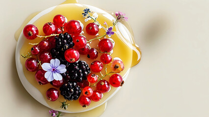 Canvas Print - Gourmet dessert, Red currants, blackberries, honey, edible flowers.  Elegant food photography for restaurant menus, blogs, or culinary publications.