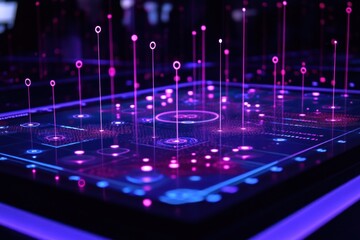Fototapete - Futuristic holographic interface with glowing lines and data points on a dark surface.