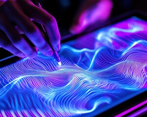 Aufkleber - Close-up of hand using stylus on tablet, creating vibrant neon wave design.