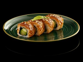 Poster - Four pieces of unagi sushi on a dark green plate, garnished with sesame seeds and a basil leaf, isolated on black background.