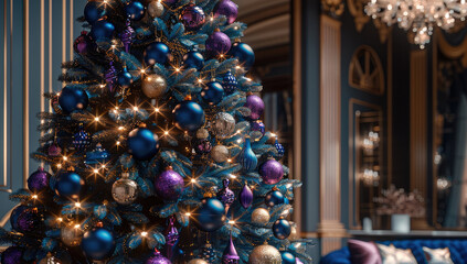 Poster - Christmas tree adorned with intricate decorations in shades of deep blue and accents of vibrant color, shimmering with soft lights that create elegant ambiance. The tree is set in a luxurious indoor.