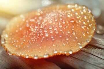 Sticker - Close-up of an orange mushroom cap covered in dew drops on wood.