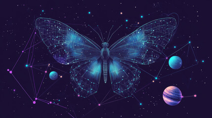 Poster - Butterfly in the form of a starry sky or space, consisting of points, lines, and shapes in the form of planets, stars and the universe. Insect from polygon vector wireframe concept. Blue purple