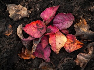 Poster - Fallen autumn leaves in various shades of red, orange, and brown on dark soil.