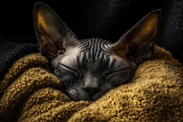 Poster - A hairless Sphynx cat sleeps peacefully nestled in a cozy, mustard-colored blanket.