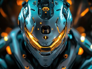 Poster - Close-up of a futuristic robot helmet with glowing orange lights.