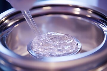 Poster - Close-up of liquid being poured into a metallic container in a laboratory setting.