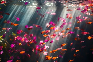 Poster - Vibrant pink and orange fish school swimming underwater in sunlit rays.
