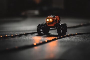 Aufkleber - Small orange robot with glowing lights moves on dark surface with orange led lights.