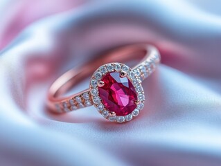 Aufkleber - Close-up of a red gemstone ring with diamonds on a satin fabric.