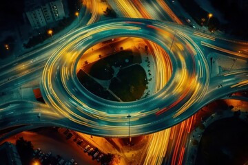 Poster - Aerial night view of a highway interchange with light trails. (1)
