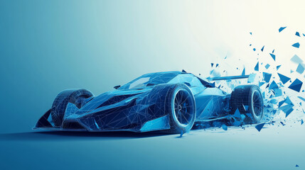 Poster - Low Poly wireframe F1 bolid car. High Speed concept. Vector bolide mesh spheres from flying debris. Thin line concept. Blue structure style illustration. Sport polygonal image