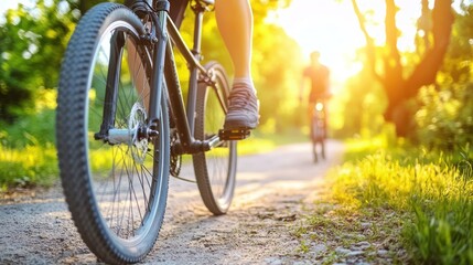 Aufkleber - Cyclists ride bikes on a sunny path through a park.