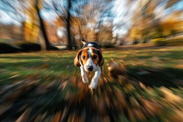 Aufkleber - A beagle puppy running through autumn leaves in a park, motion blur effect.