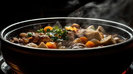 Poster - Steaming hot pot of meat, vegetables, and tofu.