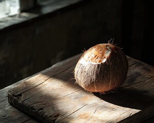 Poster - Half coconut with coconut water on rustic wooden surface, sunlit.