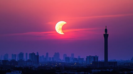 Poster - Partial solar eclipse sunset over city skyline with a minaret silhouette.