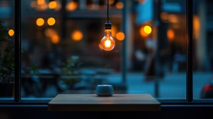 Aufkleber - Single glowing lightbulb hangs above a small table at dusk, city lights blurred in the background.