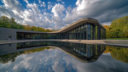 Poster - Modern architecture reflected in a tranquil pond, surrounded by autumnal trees under a partly cloudy sky.