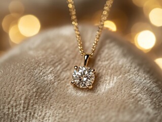 Poster - Elegant gold necklace with a solitaire diamond pendant rests on soft beige velvet, bokeh lights in background.