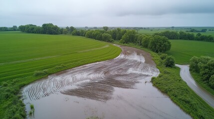Poster - Aerial view of flooded farmland with lush green fields and trees.
