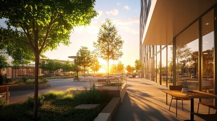 Poster - Sunset view of a modern city street with trees, benches, and outdoor seating.