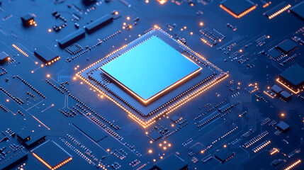 Poster - technology background with a circuit board with light lines and electronic elements. tech bg in blue