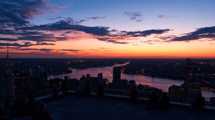 Poster - City skyline sunset view with people silhouetted on rooftop.