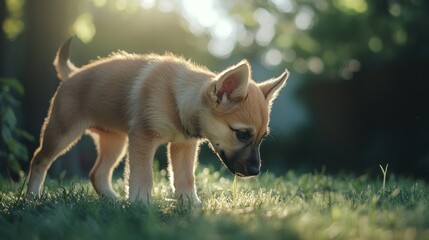 Aufkleber - Adorable light brown puppy exploring lush green grass in warm sunlight.