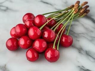 Poster - A bunch of fresh, ripe red cherries with stems on a marble surface.