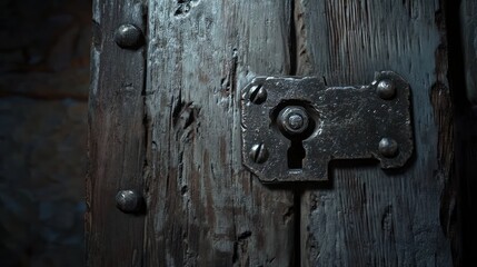 Poster - Close-up of an antique, weathered wooden door with a rusty metal lock and keyhole.