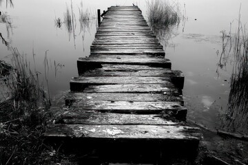 Poster - Monochrome photo of an old wooden dock extending into a foggy lake.