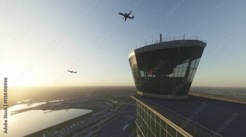 Aircraft Stack Air traffic control tower overseeing a bustling airport, ensuring safe ...